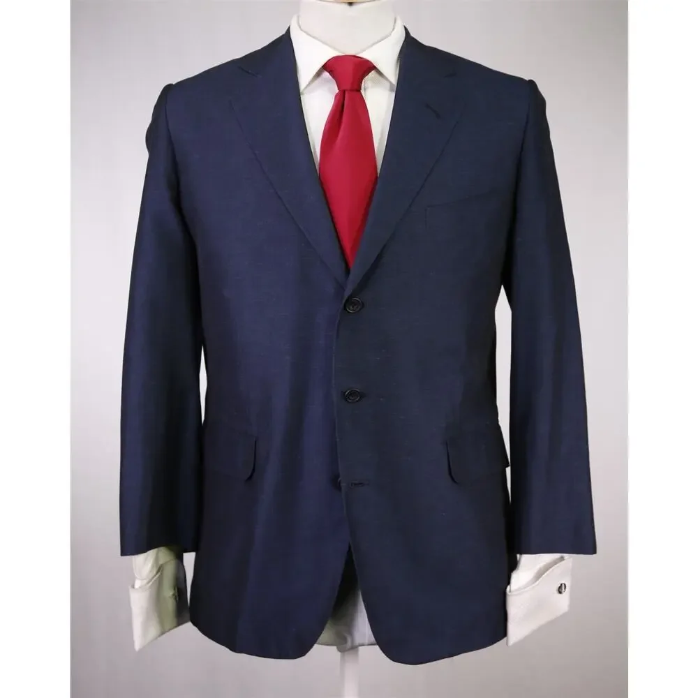 Edgar Pomeroy Bespoke Midnight Blue Silk Linen Iridescent Handmade Suit 38S